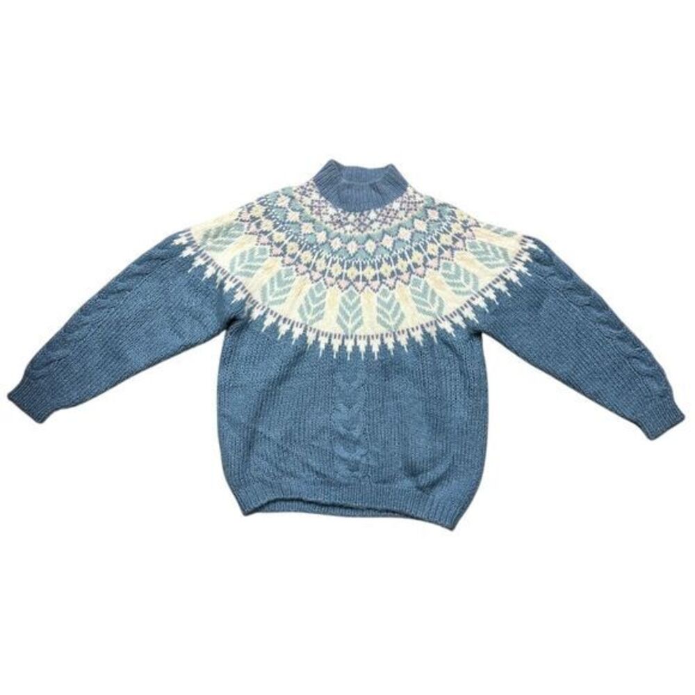Vintage Tarazzia Women's Fair Isle Knit Sweater Blue Cream Size‎ L Cozy